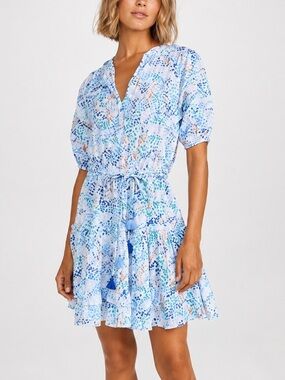 Poupette St Barth Bona Mini Dress Floral Cotton Eyelet Puff Sleeve Blue Size XL